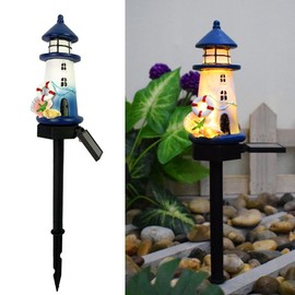 YZYOE Solar Blue and White Lighthouse Atmosphere Lights, Garden and Courtyard Decoration Resin Cute House Floor Lamp, Wireless Dusk to Dawn LED Lights Waterproof.