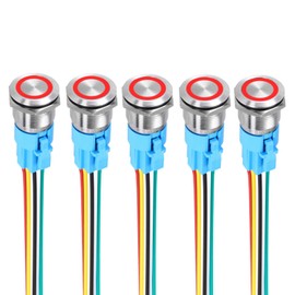 DMiotech 5Pcs 19mm / 3/4" Push Button Switch, IP65 1NO1NC 12-24V 5A Momentary Latching Push Button Starter Light Switch Self-Locking with Red Light Round, Stainless Steel Flat Head Silver