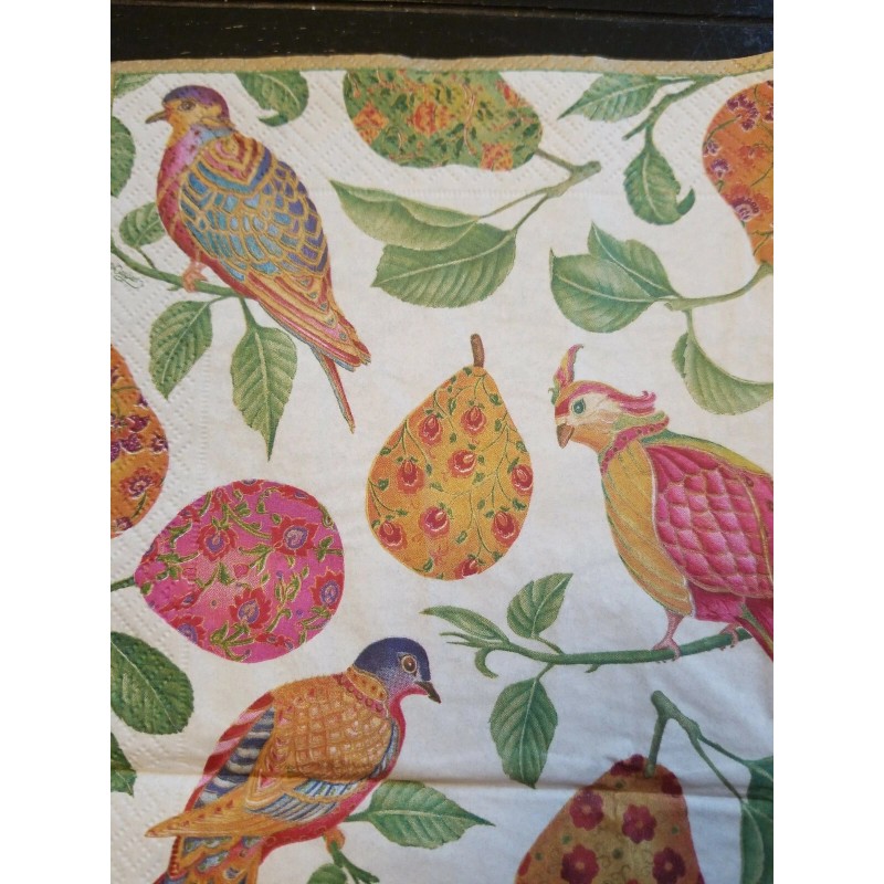 TWO Individual Napkins Birds Pears Ivory Lunch for Decoupage (1213)