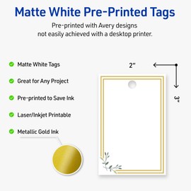 Avery Printable Rectangle Tags, Gold Double Border, Florals, 2" x 3", Matte White, Laser/Inkjet, 80ct, Great for Product Tags
