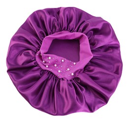 YeeMan Hair Bonnet Glittering Pearls and Rhinestones Satin Bonnet Wide Band Sleeping Cap (Purple)