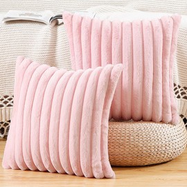 MADIZZ Set of 2 Faux Wool Plush Decorative Throw Pillow Covers 24x24 Inch Pink Fluffy Striped Soft Decorative Cushion Cover for Sofa Bedroom Pillow Shell