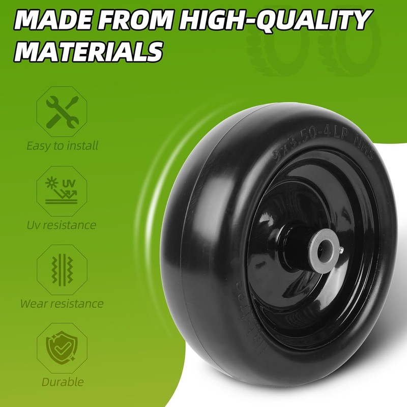 (4-Pack) 9x3.50-4” Flat Free Lawnmower Tire with 4" Centered Hub,