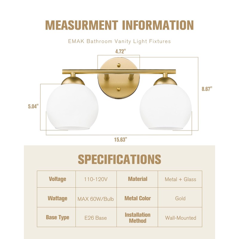 Emak 2-Light Gold Bathroom Light Fixtures, Modern Globe Vanity Lights