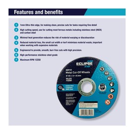 Eclipse Professional Tools A60V125 Ultra-Thin Cutting Discs 125 x 1.0 x 222.23mm - Precision Cuts, Minimal Heat, Reduced Material Loss, Ideal for Metal, Ceramic, Glass, and Composites - 10 x Blades