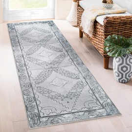 Superior Indoor Runner Rug, Bohemian Geometric Home Floor Decor, Bedroom, Living/Dining Room, Office, Entry, Unique, Soft Cotton Backed Rugs, Sterling Collection, 2' 6" x 7' 6", Cool Gray
