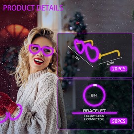 YOFOBU 100PCS Purple Glow Sticks Party Favors with 20PCS Glow Glasses(For 60 Glow Bracelets&20 Heart Glasses),Glow In The Dark Party Supplies Neon Party Decor for Christmas Valentines Day Wedding