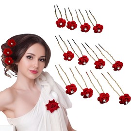 PACTIV 10pcs Bridal Hair Accessory Set - Romantic Rhinestone Rose Flower U-Shaped Clips for Wedding & Party Hairstyling 1 count (Pack of 10) rose red