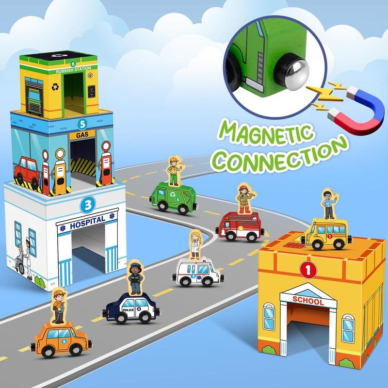 Aizweb Magnetic Wooden Vehicle Stacking Set - Sorting & Building