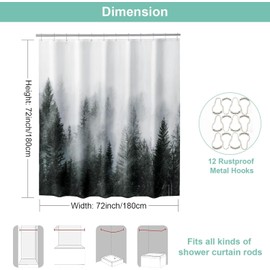 ALINK Misty Forest Shower Curtain for Bathroom, Nature Woodland Shower Curtain Set with Hooks, Decorative Pine Tree Fog Magic Bath Curtain for Home, Waterproof Fabric, Weighted, 72x72 (Dark Green)