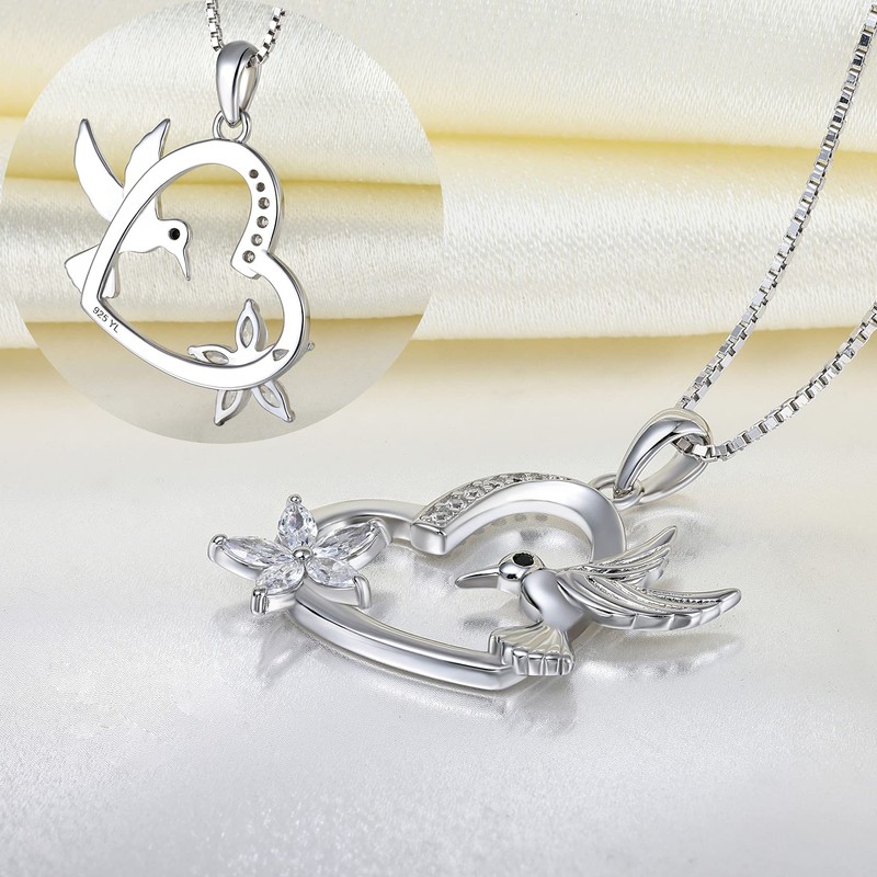 YL Hummingbird Nckelace 925 Sterling Silver Heart Pendant Cubic Zirconia