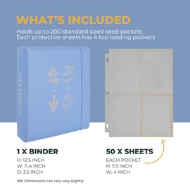WILDGOOSE Seed Storage Organizer Binder - Seed Packet Organizer with 50 Pack Sheet Protectors That Stores 200 Seed Envelopes. (Blue)
