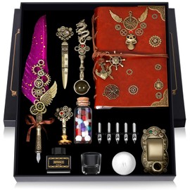 MPRINCE Quill Pen and Ink Set,Quill Pen Ink Set With Quill Pen,Notebook,5 Replaceable Nibs,Seal Stamp,Spoon,Wax Beads,White Wax,Ink,Pen Holder,Cup,Envelope,Letter Paper(purple)