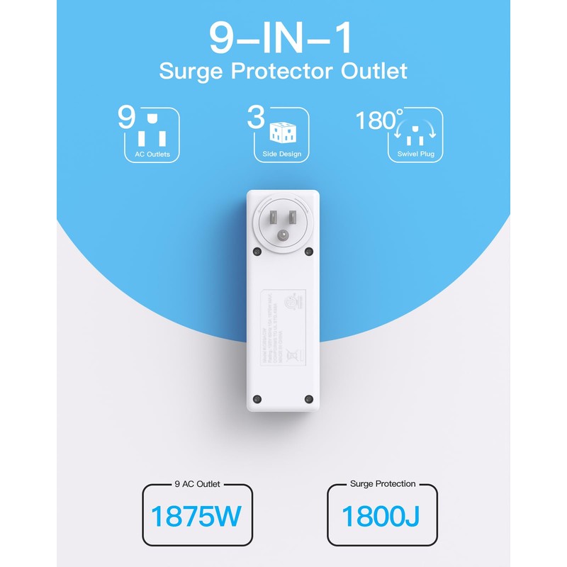 Surge Protector Outlet Extender with Rotating Plug, 9 AC Multi