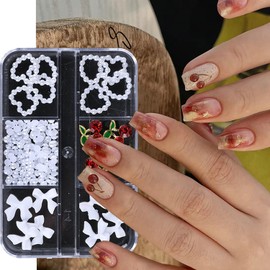 Nail Art Accessories, Half Round Shaped Heart Pearl White Bow Tie Cherry Rhinestones Nail Art Decorations,Resin Accessories Nail Decoration for Women Manicure Supplies,Resin Diamond Crafts