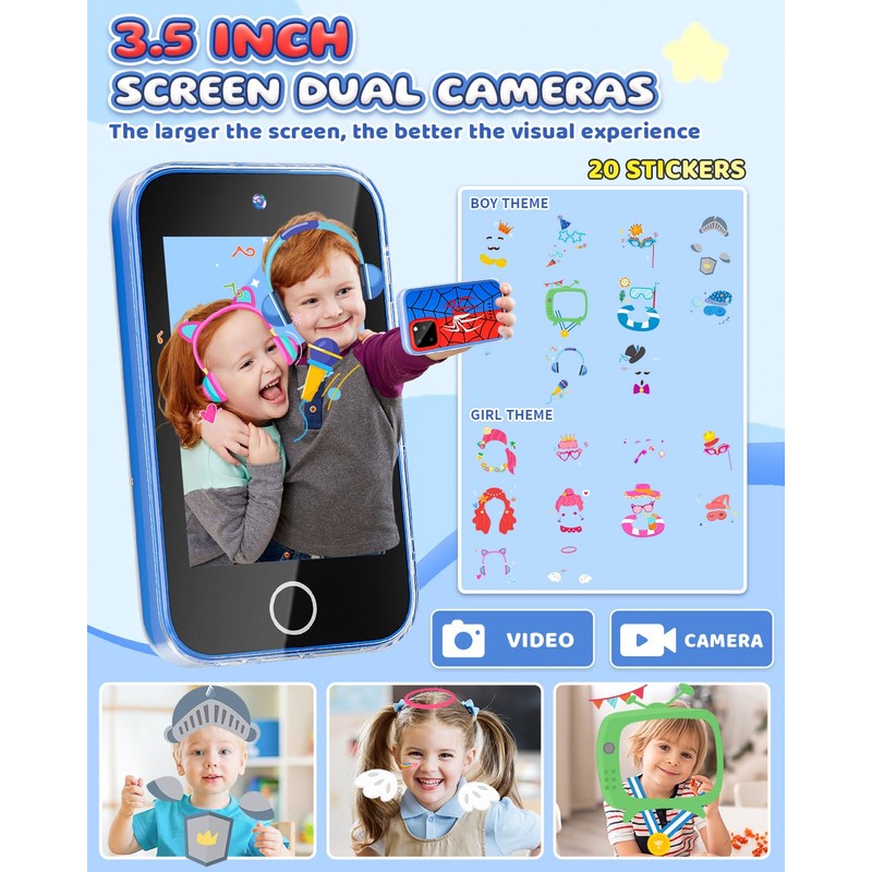 FKATEEN Kids Phone 3.5" Touchscreen, Pretend Smartphone with Dual Camera,