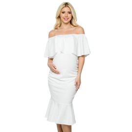 My Bump Womens Mermaid Maternity Dress - Ruched Ruffle Off Shoulder Mermaid Baby Shower Pregnancy Dress (Made in USA)(Small, O.White_NPAB)