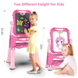 Kids Art Easel, Adjustable Drawing White Board & Chalk Board, Toddler Double Sided Easel with Painting Accessories, Birthday Gift for Girls Boy Age 3 4 5 (Rose Pink)