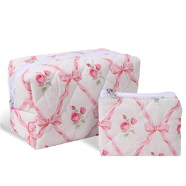 Hebterrka 2 Pieces Makeup Bag Cute Makeup Bag Padded with Bow Cotton Cosmetic Bag with Purse Storage Bag for Lipstick and Brush