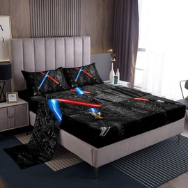 Lightsaber Bed Sheets Queen Size 3D Neon Blue Red Bedding Set 4Pcs Geometric Sun Moon Round Sheet Set for Kids Boys Girls Teens Room Decor Fashion Vintage Stone Wall Fitted + Flat Sheet,Black