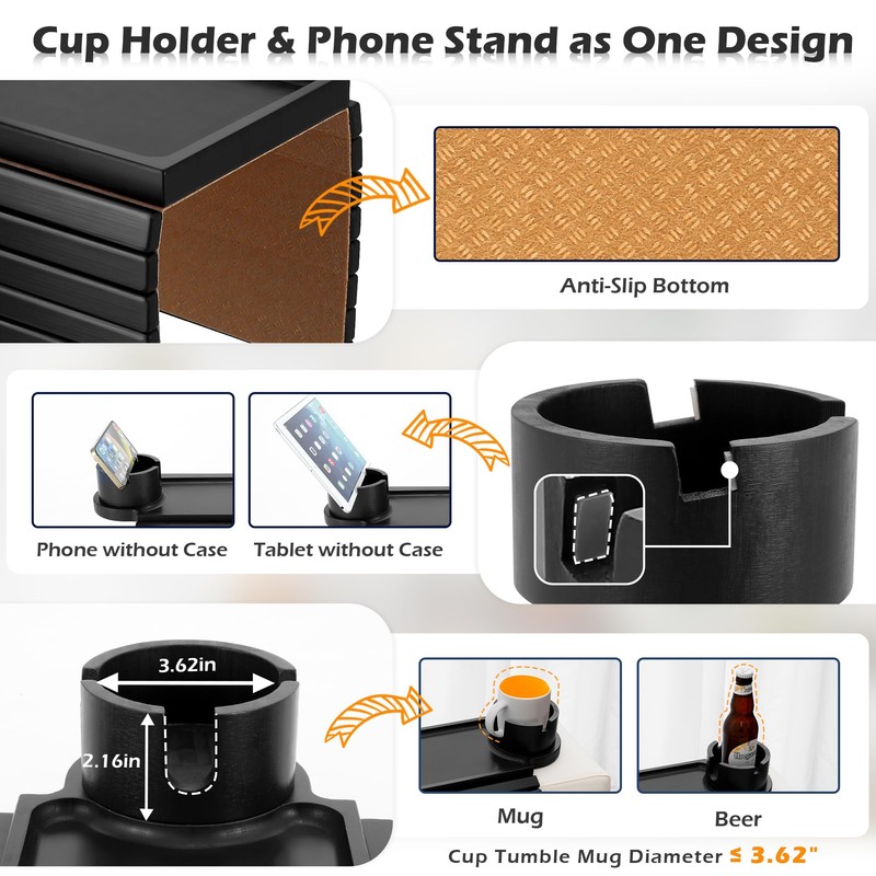 GHKINMAL Couch Cup Holder Tray, 3 in 1 Large Couch