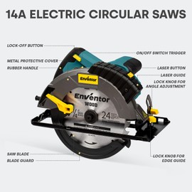 Enventor Circular Saw Corded, 14A Electric Circular Saws 7-1/4-Inch with Laser Guide, 2 Blade Saws (40T/24T), Max Cutting Depth 2-7/16"(90°), 1-13/16"(0°-45°), Single Handed Bevel, 5500RPM, Blue