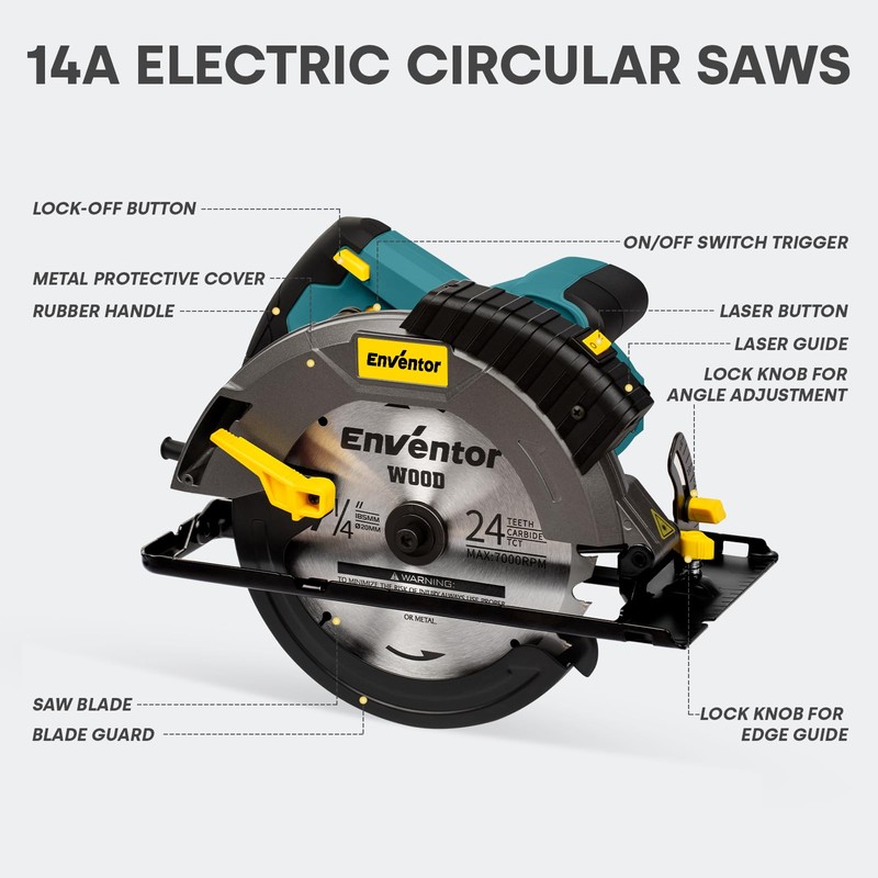 Enventor Circular Saw Corded, 14A Electric Circular Saws 7-1/4-Inch with