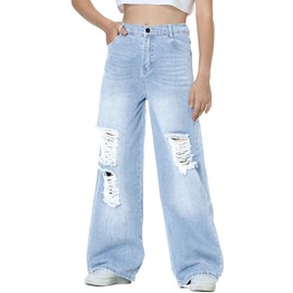 EXARUS Girls Jeans Wide Leg Pants Baggy Denim Ripped High Waisted Tween Clothes Teen Outfits Preppy Casual with Pockets Kids Washed Extra Light Blue 10Y