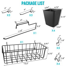 G.CORE Pegboard Accessories with Baskets Cups Hooks - 1/8" & 1/4" Peg Board Wall Tool Organizers, 21PC Peg Organizer Black Cups Kit Utility Holders & Hangers for Garage Craft Workbench Kitchen Office