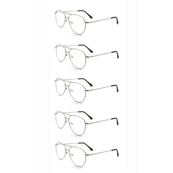EYE ZOOM 5 Pairs Readers Metal Frame Aviator Style Reading Glasses with Spring Hinge for Men and Women (Silver, Strength: +3.00)