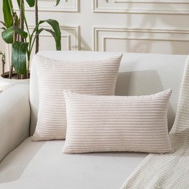 Cushion Cover Striped Corduroy and Velvet 18x18 inch Beige Decorative Pillowcase Soft Square Throw Pillow Covers for Sofa Couch Bedroom Livingroom Bench