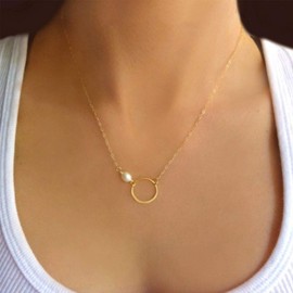 TseenYi Golden Round Pearl Pendant Necklace Small Beads Short Karma Clavicle Necklace Jewelry for Women and Girls (Gold)