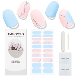 JMEOWIO Gel Nail Stickers Blue Pink Silver French Tip Semi Cured Gel Nail Strips Wraps UV/LED Nail Supplies Nail Art Design Decoration Accessories