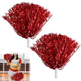 Cheerleader Pom Poms, Pack of 2 Red Metallic Foil Pom Poms, Pompoms, Hand Flowers for Sports Events, Dance and Night Parties, Robust and Vibrant