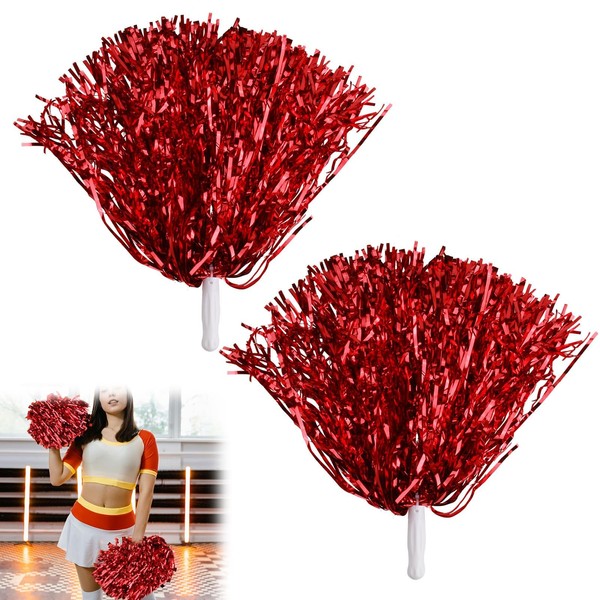 Cheerleader Pom Poms, Pack of 2 Red Metallic Foil Pom