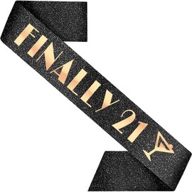 PartyForever 21st Birthday Decoration Sash for Women Black 32 inch Long Sash with Rose Gold "Finally 21" Letters for Her