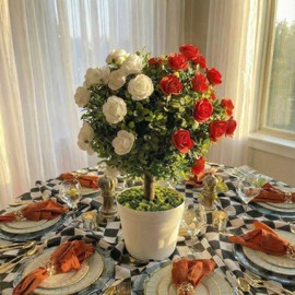 1 Pcs Wonderland Theme Party Decoration Artificial Boxwood Balls Topiary Tree with 30 Red and White Roses 16" Wonderland Tree Centerpiece Supplies for Birthday Baby Shower Fairy Tea Party