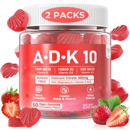 envycure Vitamin A D3 K2 Gummies 5000IU / 10,000 IU D3 with Calcium Magnesium Zinc, ADK 10 Vitamin Supplement K2 MK-7 500mcg for Stronger Bone & Muscle, Boost Immune System, Vision Health, Sugar Free 2Packs