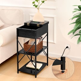 Livofloral Narrow End Table with Charging Station, Side Table with 3 USB Ports and 2 AC Outlets, Flip Top End Table with Storage, Black Side Tables Living Room, Nightstand with Drawer for Bedroom