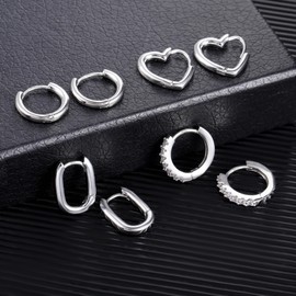 Small Hoop Earrings for Women, 925 Sterling Silver Multipack Hoop Earrings Set, Zirconia Square Heart Hoop Sterling Silver Earrings Set Small Cartilage Huggie Hoop Earrings for Women Girls, 4 Pairs