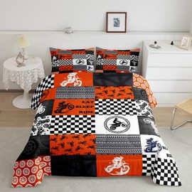 Feelyou Dirt Bike Comforter Queen Size Orange Grey Motorbike Comforter Set for Boys Girls Children Racing Motocross Rider Bedding Set Room Decor Extreme Sports Duvet Set 3Pcs