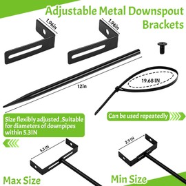 1 Pack Rainwater Downspout Bracket with Strap, Adjustable Heavy Duty Metal Gutter Downspout Bracket Black Longer Downspout Holder Stake Rust-Proof Downspout Extension Anchor Pipe Support for Lawn Yard