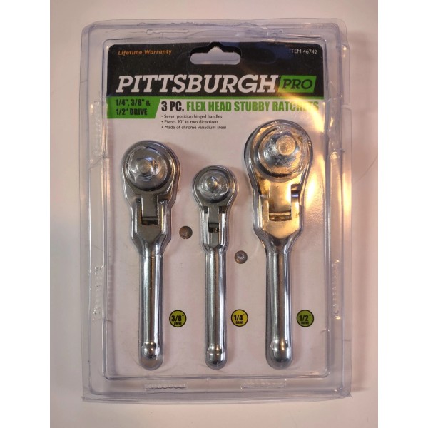 Pittsburgh 3 PC FLEX HEAD STUBBY RATCHET HANDLE SOCKET WRENCH