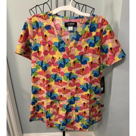 Koi NEW French Bull by Koi Small S Women Floral scrub top Lulu Bora Bora Bulldog