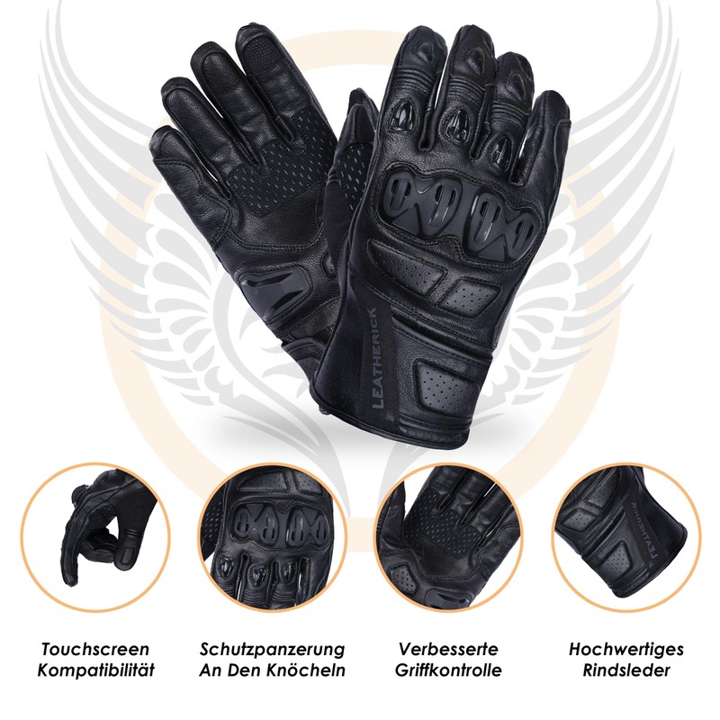 Leatherick Mens Motorcycle Gloves Black Genuine Leather CE Certified Protective