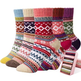 Womens Wool Socks 5 Pairs Warm Wool Cotton Socks Thick Knit Vintage Casual Winter Socks