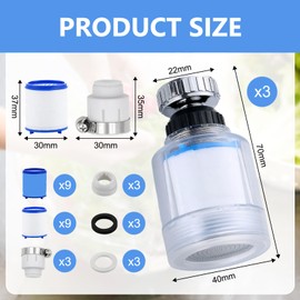 24 Stück Wasserfilter Wasserhahn Set,3pcs 360° Filter Wasserhahn+9PP-Baumwollfilterelement+ 9Antibakterielle Filterelemente+ 3Universelle Schnittstelle Austauschbar Filterelement,für Küvhe,Badezimmer
