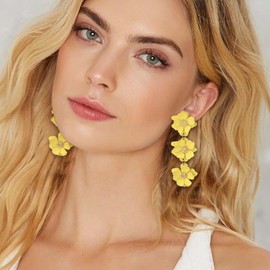 Clearine Flower Long Dangle Earrings for Women, Floral Drop Chandelier Earrings for Party Prom Summer Beach Yellow Gold-Tone