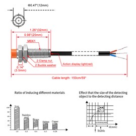 Heschen M8 Inductive Proximity Sensor Switch PR08-2DP Cylindrical Type Detector 2mm DC12-24V 3-Wire PNP NO(Normally Open) CE