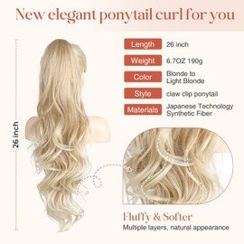 Flufymooz 26" Ponytail Extension, Long Wavy Curly Claw Clip in Ponytail Hair Extensions, Natural Synthetic Hairpiece for Women Daily Wear(Blonde to Light Blonde)